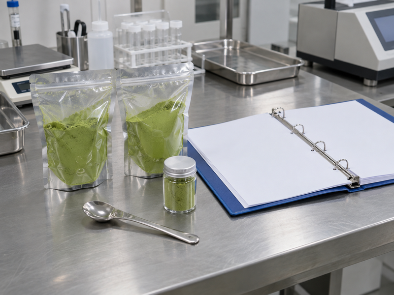 Supplier sample pouches beside a blank batch review folder
