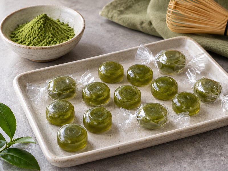 Matcha candy pieces with matcha powder