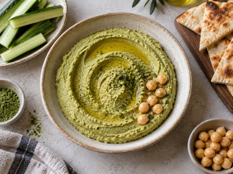 A plated serving of savory matcha hummus in a cafe