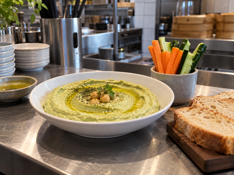 Matcha hummus served with chickpeas and fresh vegetables