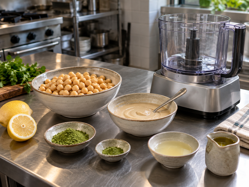 Measured chickpeas tahini lemon and matcha for a hummus trial