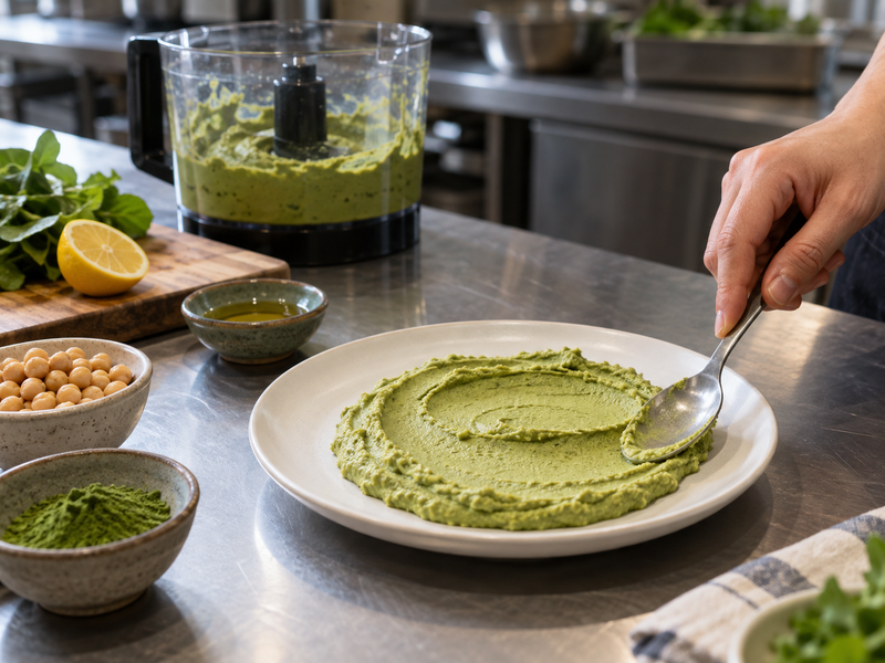 A spoon spreading matcha hummus thinly on a white plate