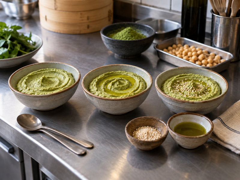 Matcha hummus samples with separate tea oil and sesame toppings
