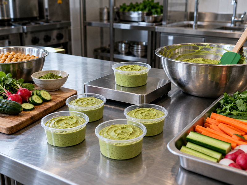 Equal hummus servings weighed into small cafe containers