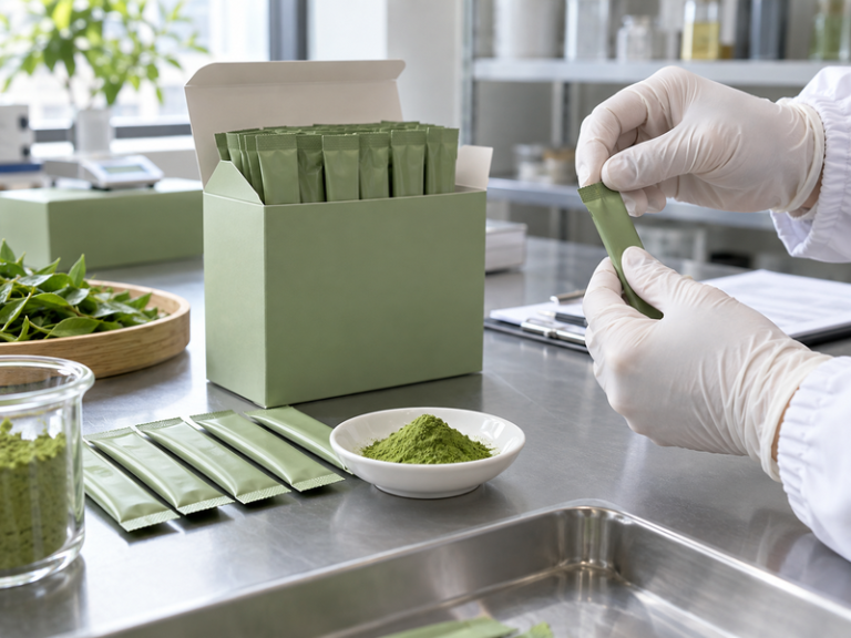 Plain matcha stick packs and carton at a portion approval trial