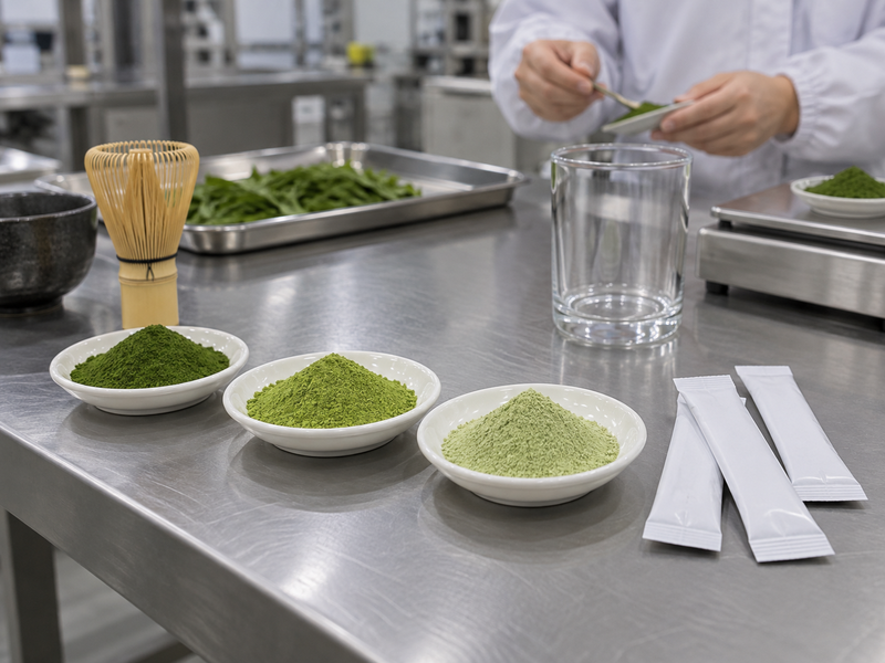 Pure matcha and blended powder samples beside plain stick packs