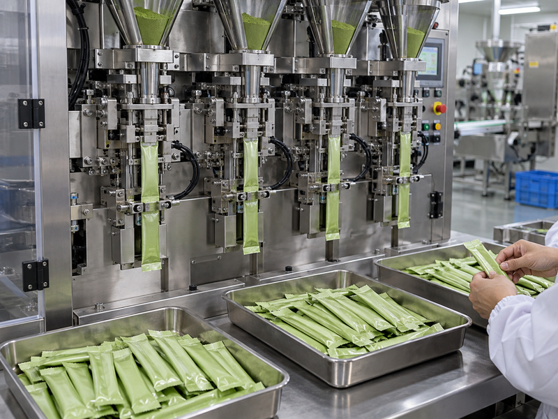 Plain matcha stick packs collected from a powder filling trial