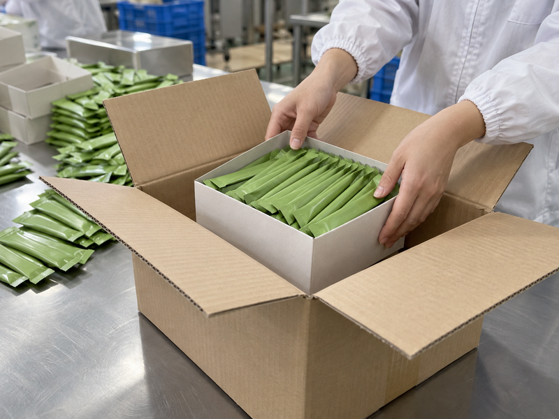 Matcha stick sachets arranged in a retail box and shipping carton