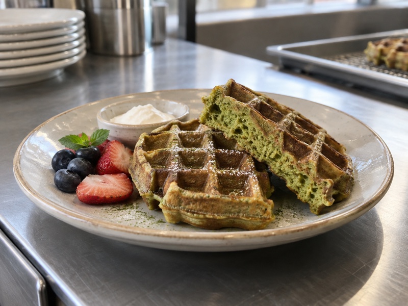 Crisp matcha waffles with naturally green center and a restrained fruit topping