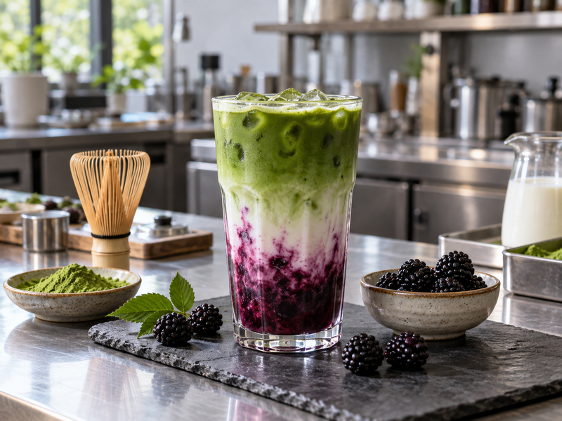 Blackberry matcha latte with dark berry base and fresh blackberries