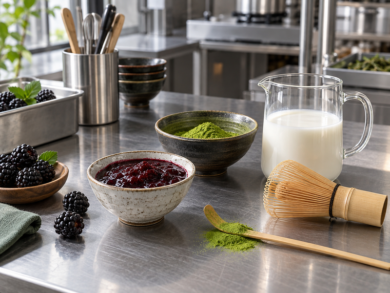 Seedless blackberry puree weighed beside matcha and milk for a drink trial