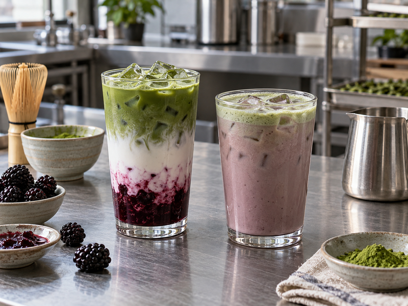 Layered and stirred blackberry matcha cups photographed side by side