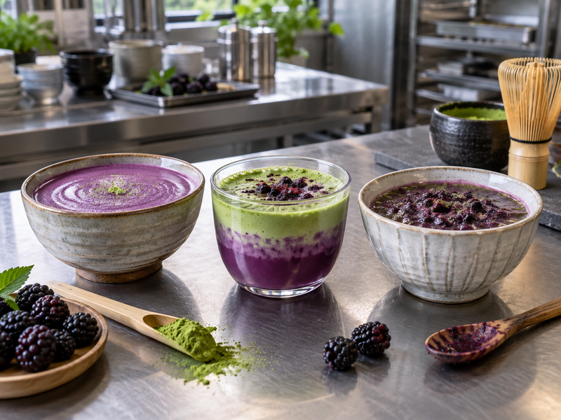 Cafe tasting cups comparing strained blackberry base and a coarse pulp version