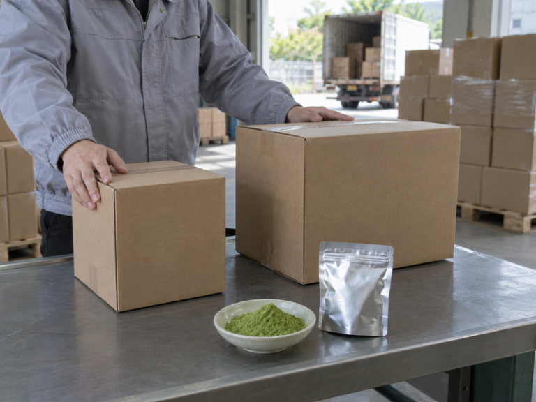 Two matcha shipping carton sizes at an export planning desk