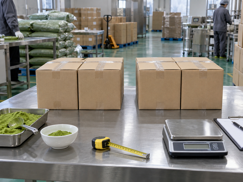 Matcha export cartons arranged for a freight comparison