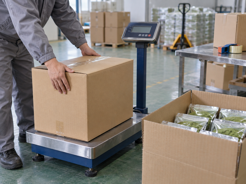 Hands checking matcha cartons with a weighing scale