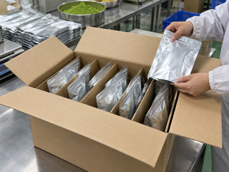 Export case with protected sealed matcha pouches