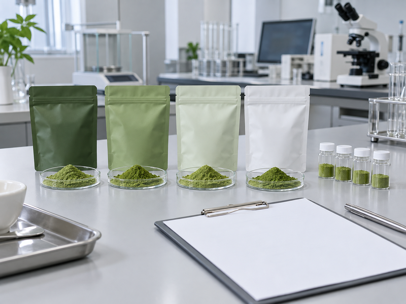 Traceable matcha ingredient samples arranged for analytical comparison