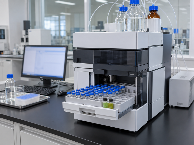 HPLC equipment with tea extract vials in a clean Chinese analytical laboratory