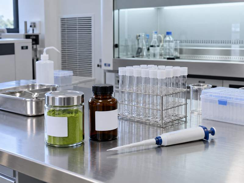 Sealed matcha samples and extract preparation vessels on a laboratory bench