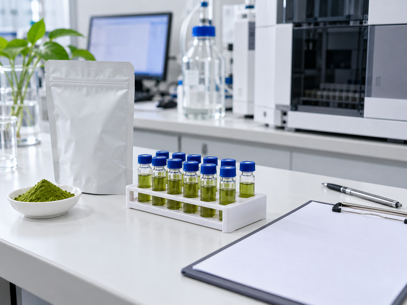 Identified catechin assay vials beside matcha samples and a blank review worksheet