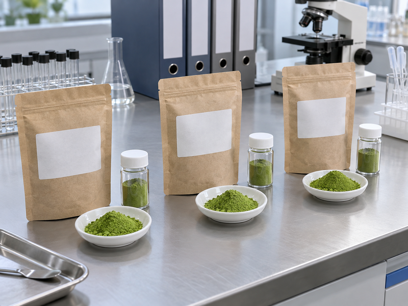 Several independent matcha lot samples prepared for a supplier acceptance review