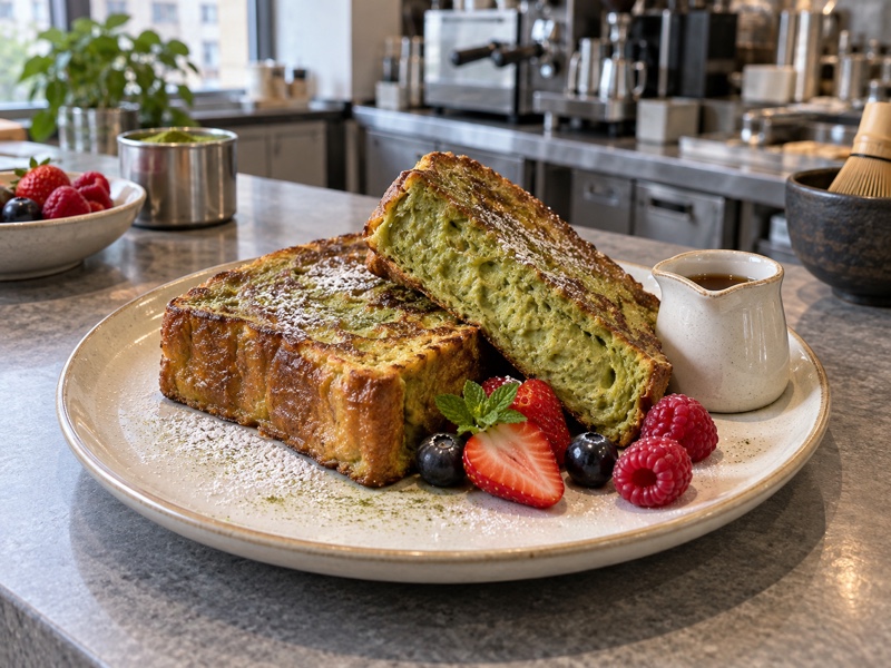 Matcha French toast with cooked green custard center, berries and syrup