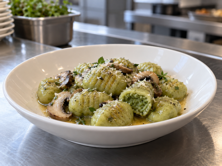 Finished matcha gnocchi with mushrooms in a shallow bowl