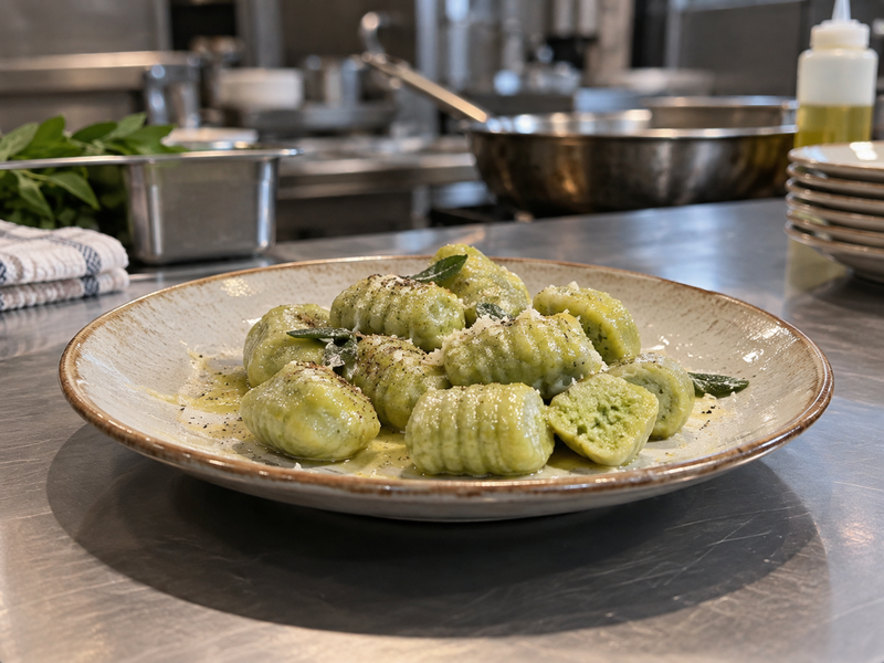 Matcha gnocchi with a light sauce on a restaurant plate