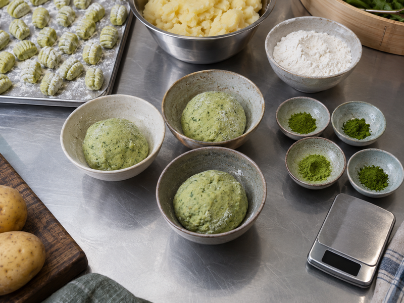Measured matcha and potato dough portions for a kitchen trial