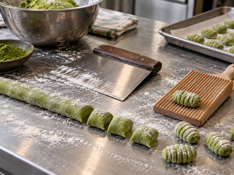 Green gnocchi pillows being shaped on a floured board