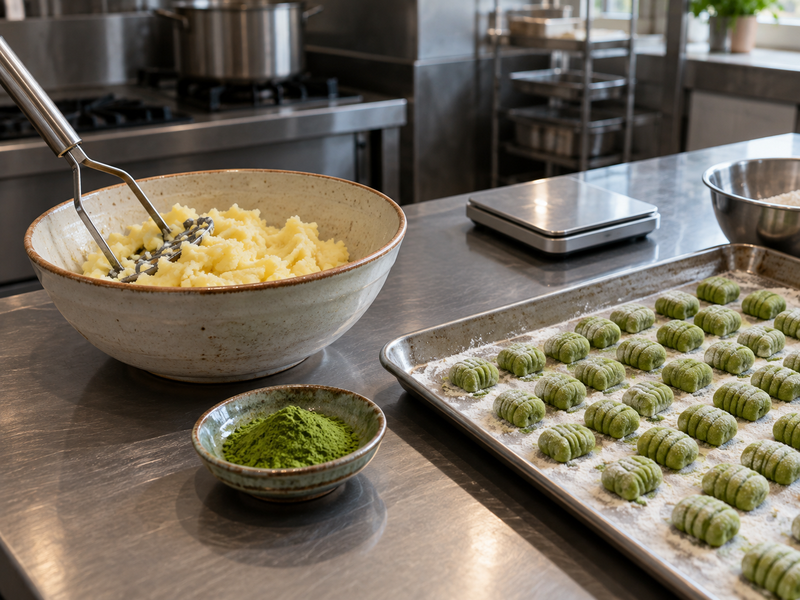 Gnocchi ingredient weights and saleable portions at a prep station