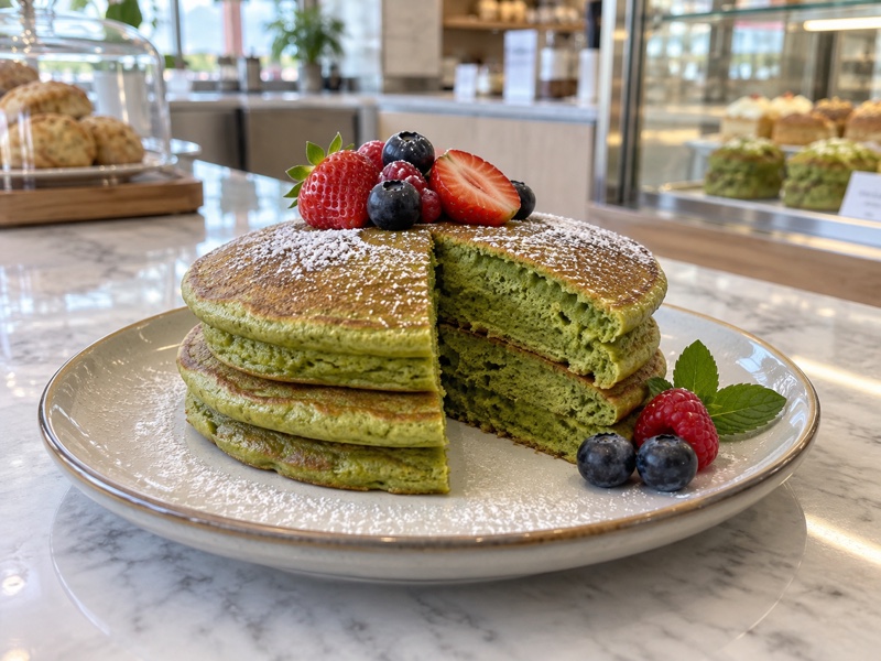 Stack of tender matcha pancakes with natural green centers and a little fruit