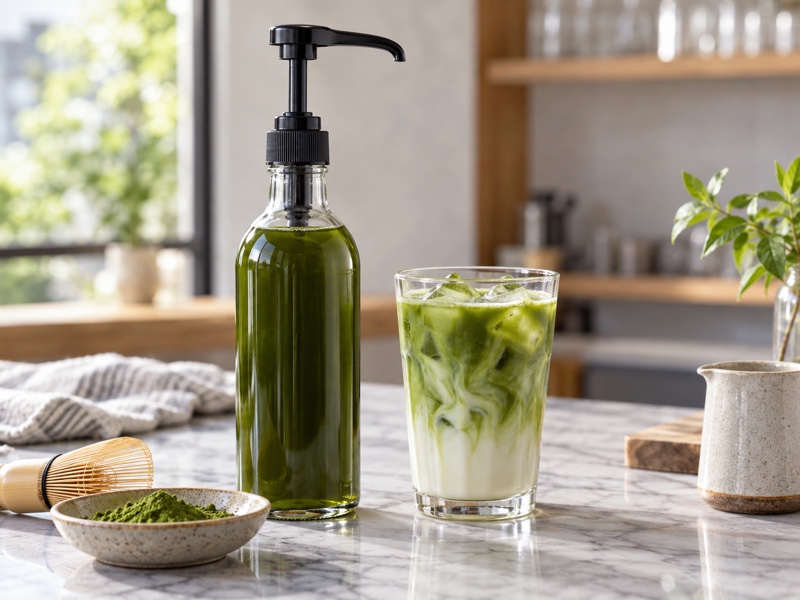 A clear unbranded bottle of matcha syrup beside a measured café drink and spoon