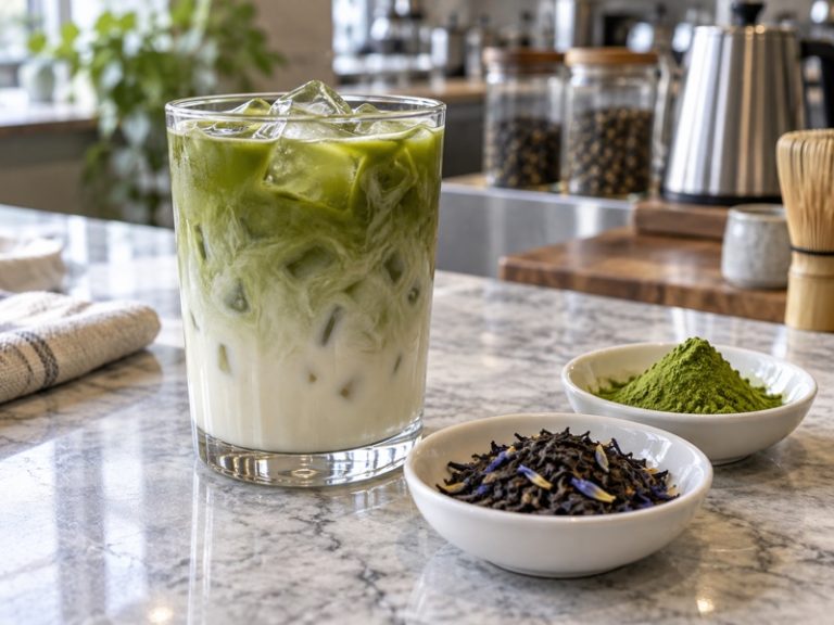 Iced Earl Grey matcha latte beside separate tea leaves and matcha powder