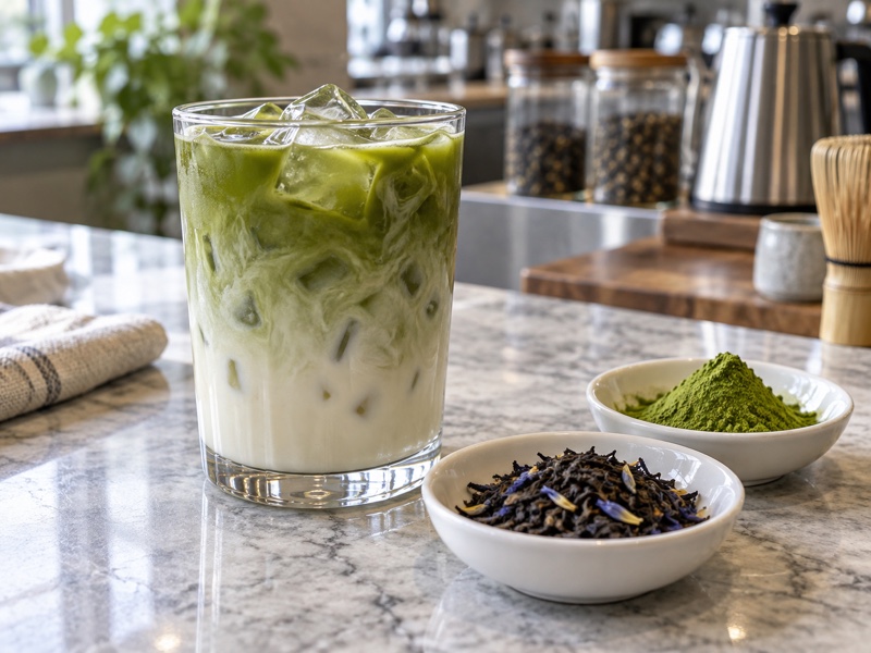 Iced Earl Grey matcha latte beside separate tea leaves and matcha powder