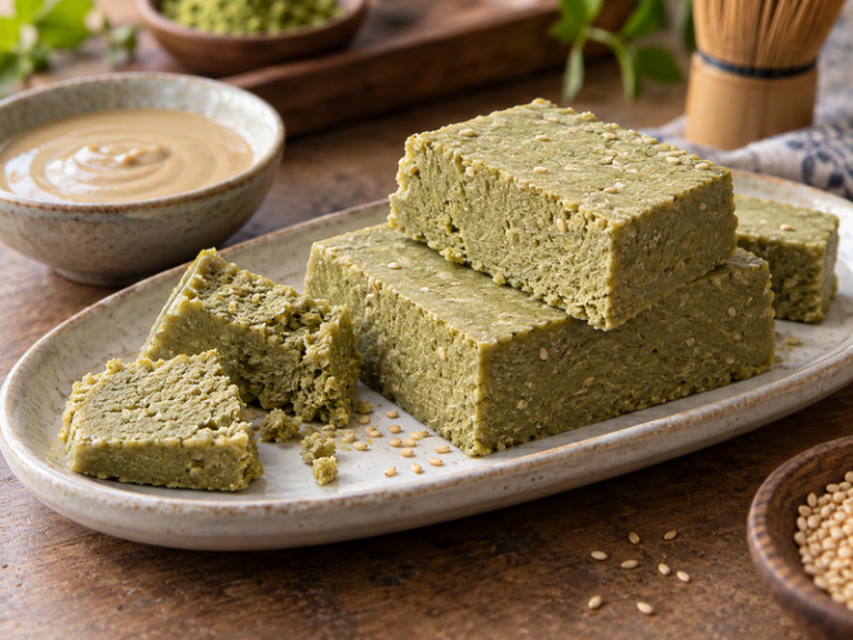 Matcha halva gift pieces on a ceramic serving platter