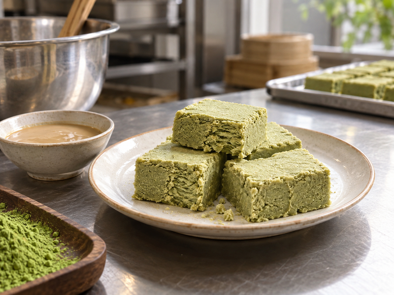 Cut matcha halva showing its sesame confection texture