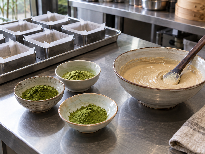 Weighed matcha portions beside tahini for halva trials
