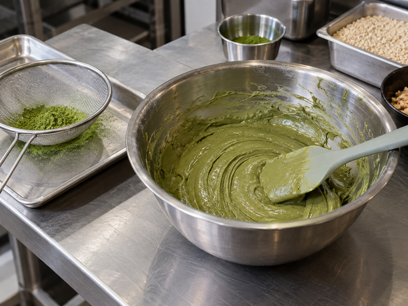 Smooth matcha tahini mixture before syrup is added
