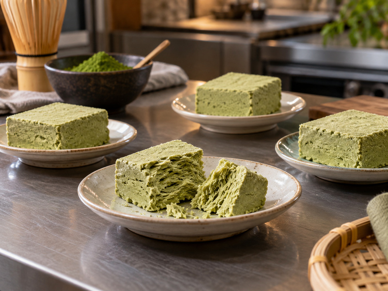 Small pieces of matcha halva arranged for texture assessment