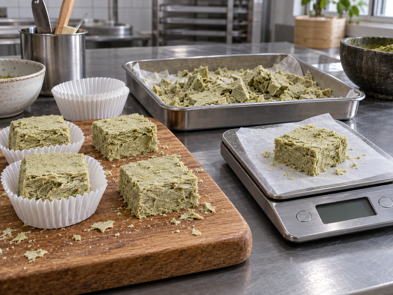 Matcha halva portions and wrapping materials at a confectionery bench