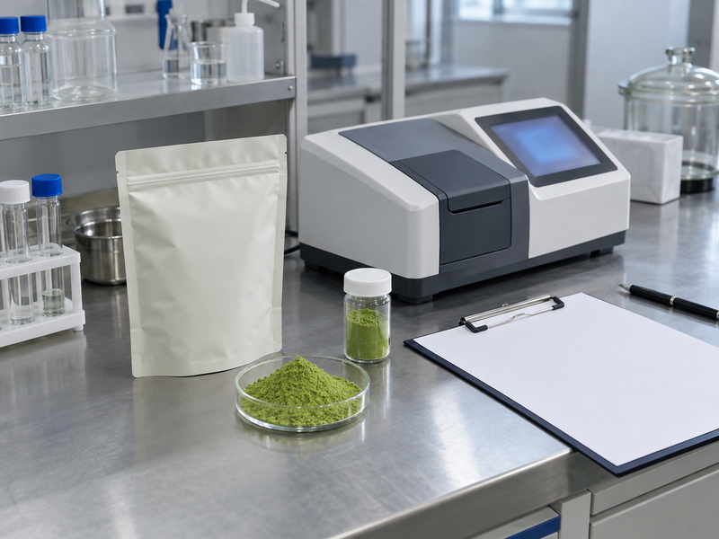 Matcha powder samples prepared for a total polyphenol laboratory brief