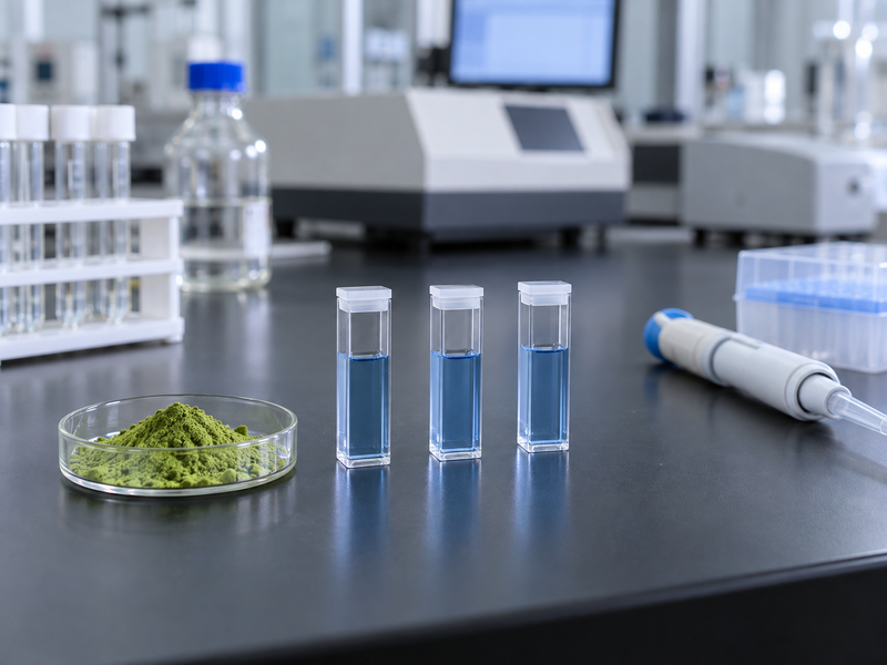 Colorimetric assay cuvettes and calibrated laboratory equipment beside matcha