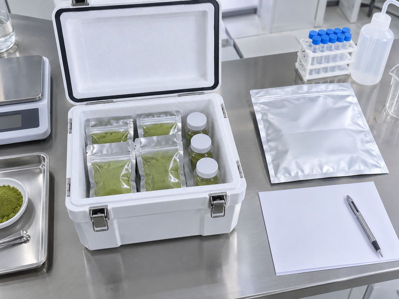 Sealed traceable matcha sample containers ready for laboratory submission