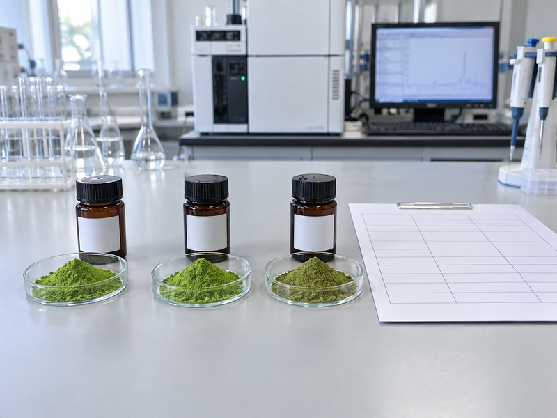 Comparable matcha lot samples beside a blank analytical comparison form