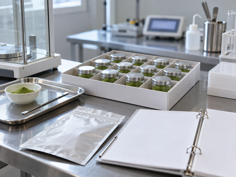 Retained matcha samples and a supplier quality review folder