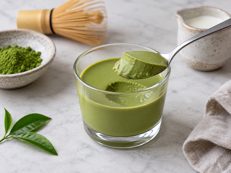A small glass cup of smooth matcha pudding on a professional dessert bench