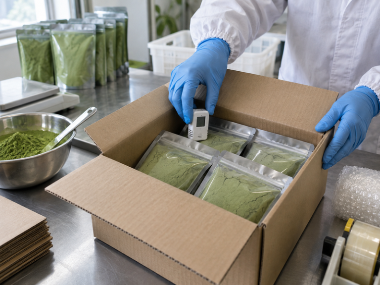 Temperature logger placed inside a matcha shipping carton