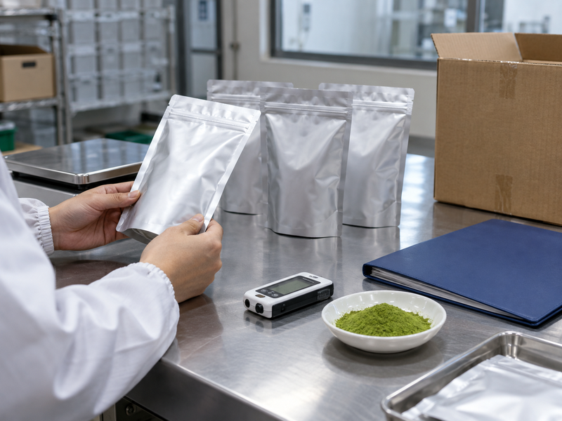 Matcha shipment samples beside a temperature logger